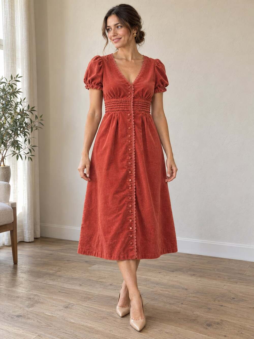 Love by DownEast Basics Corduroy Dress M Rust Red Button Front Puff Sleeve